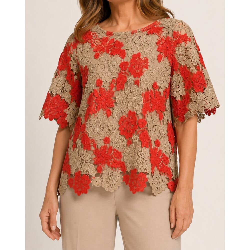 Chicos Floral Lace Top Sz 1 (US M) Romantic Boho Crochet Grandmacore Cottage